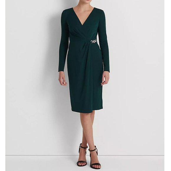 LAUREN RALPH LAUREN Jersey Surplice Cocktail Dress - Green - NWT - Size 4 - Picture 1 of 5